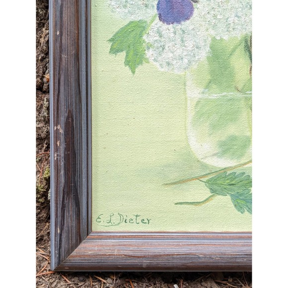 Vintage Mid-Century Floral Oil Painting, Pansies Iris Snowballs, Mint Green - Picture 3 of 10